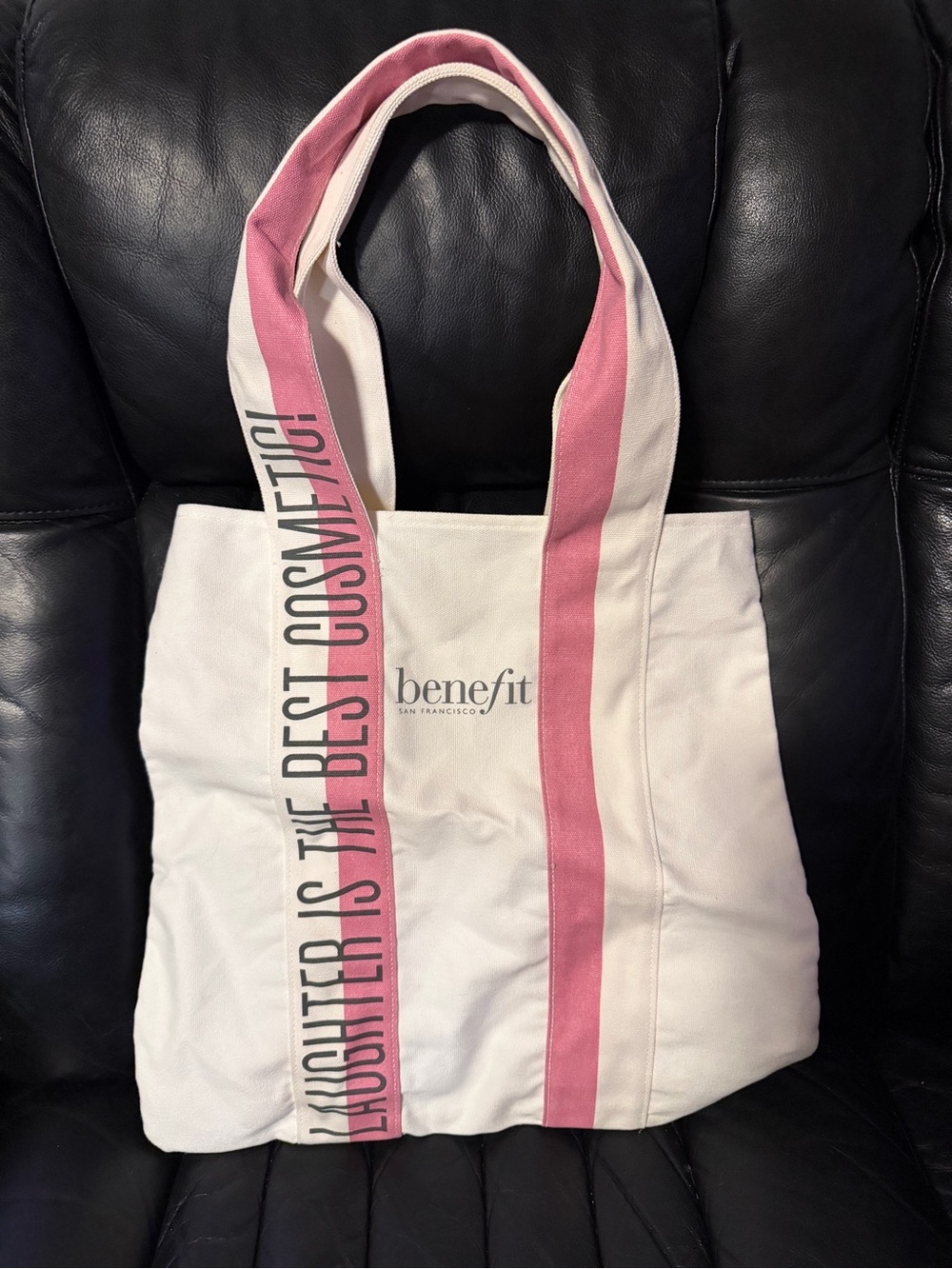 Benefit Cream Canvas Tote with Pink Stripe Handles